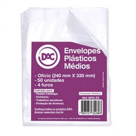 PACOTE ENVELOPE PLASTICO 240X330 4 FUROS C/50 UN DAC